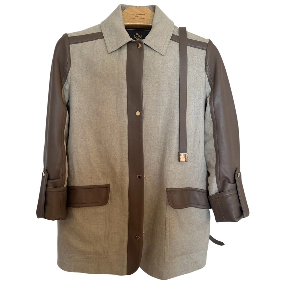 Classic Loro Piana Taupe Leather and Beige Linen Utility Jacket
